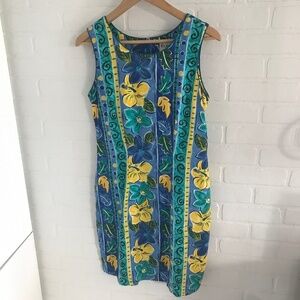 Vintage 80s Mini dress Beachy Tropical Paisley Floral Aloha Print Blue/Yellow S
